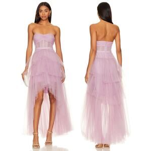 BCBGMAXAZRIA Tiered Ruffled High Low Gown Strapless Formal Wedding Mulberry Sz 2